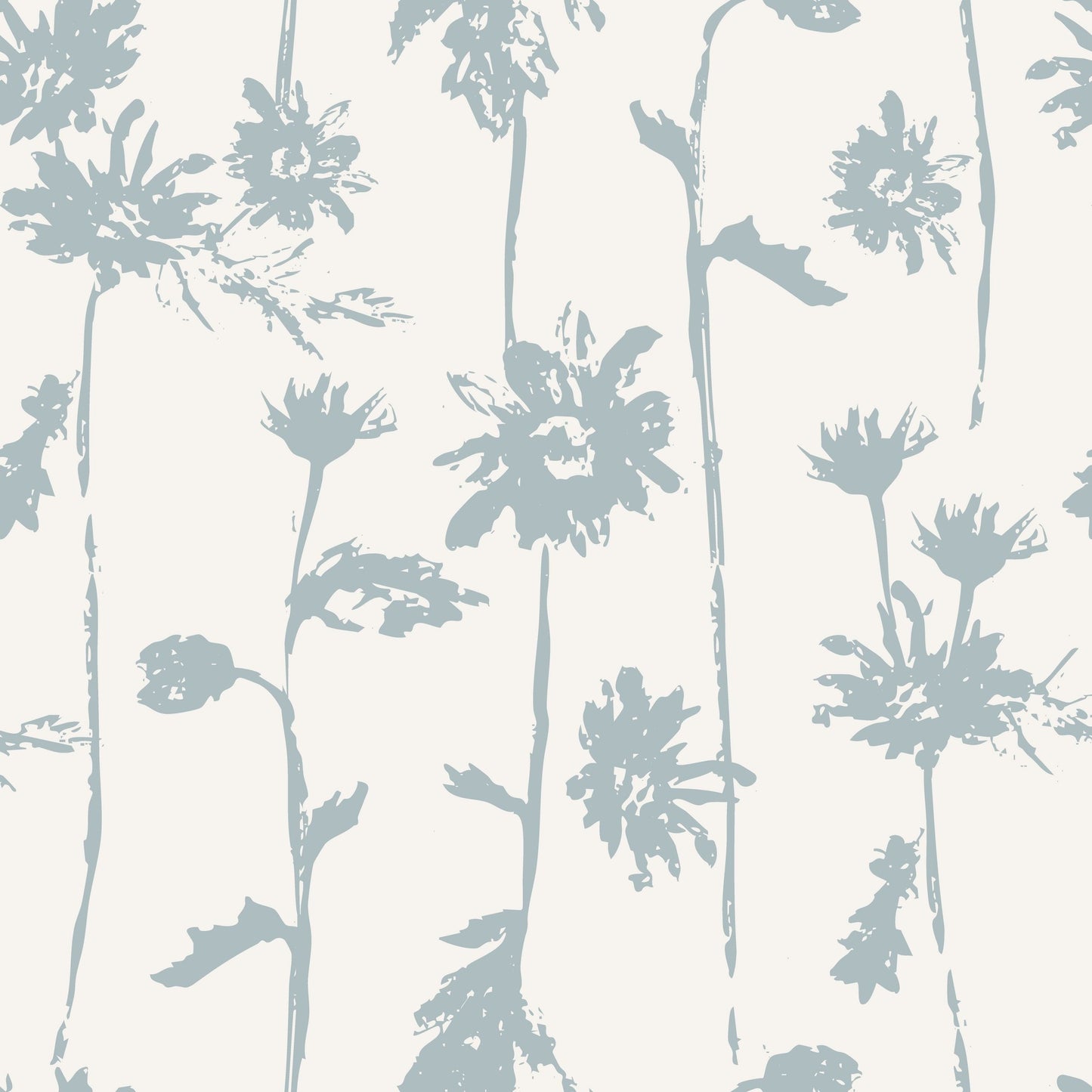 Blue floral silhouettes on cream wallpaper with sweet pea motifs.