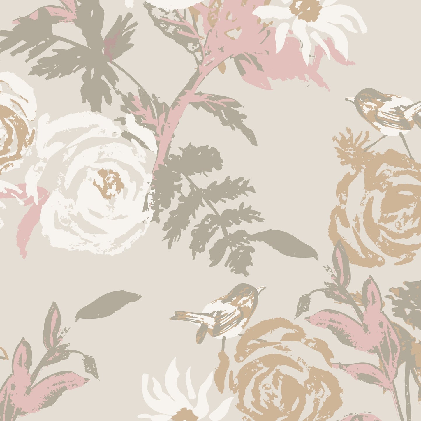 Blush pink and taupe floral wallpaper with birds and leaves in a vintage style.
