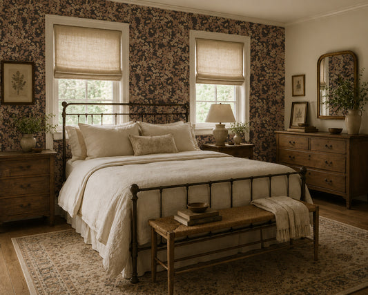 Charcoal cherry blossom wallpaper in cozy vintage bedroom with wooden furniture.