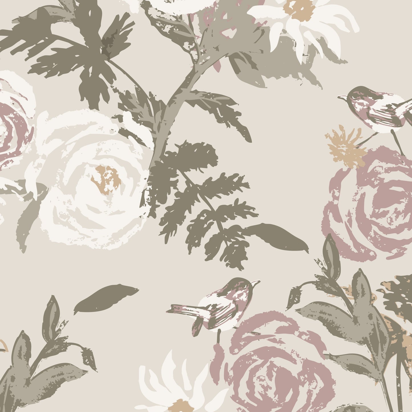 Vintage floral wallpaper with dusty rose roses, creamy daisies, olive leaves, and birds.