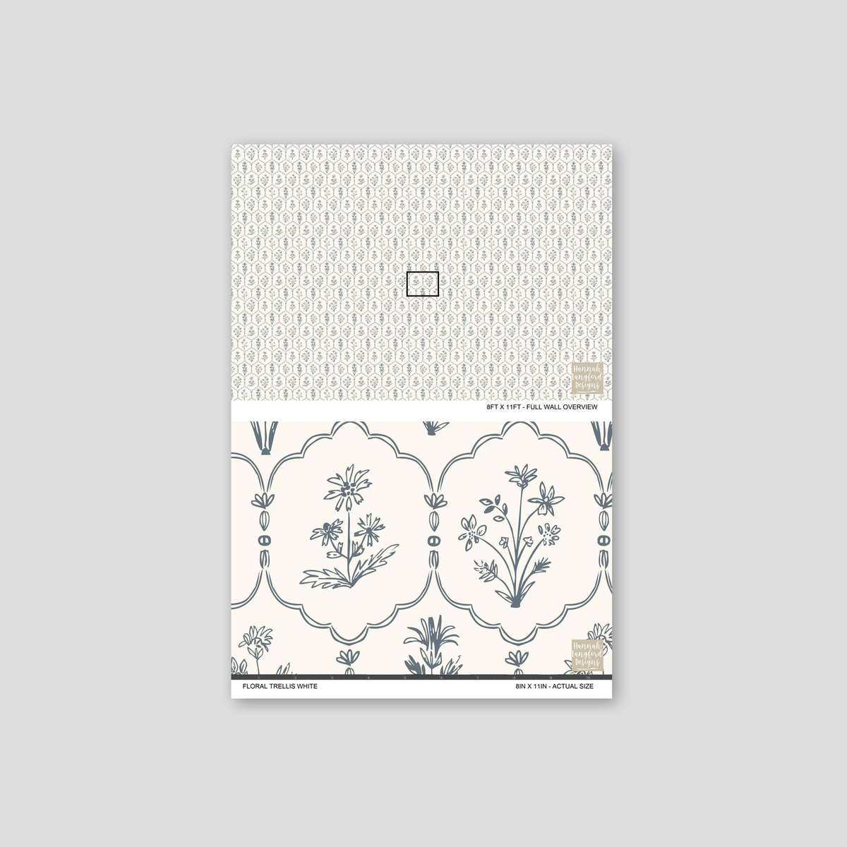 Floral Trellis White wallpaper with delicate blue floral motifs on a cream background.