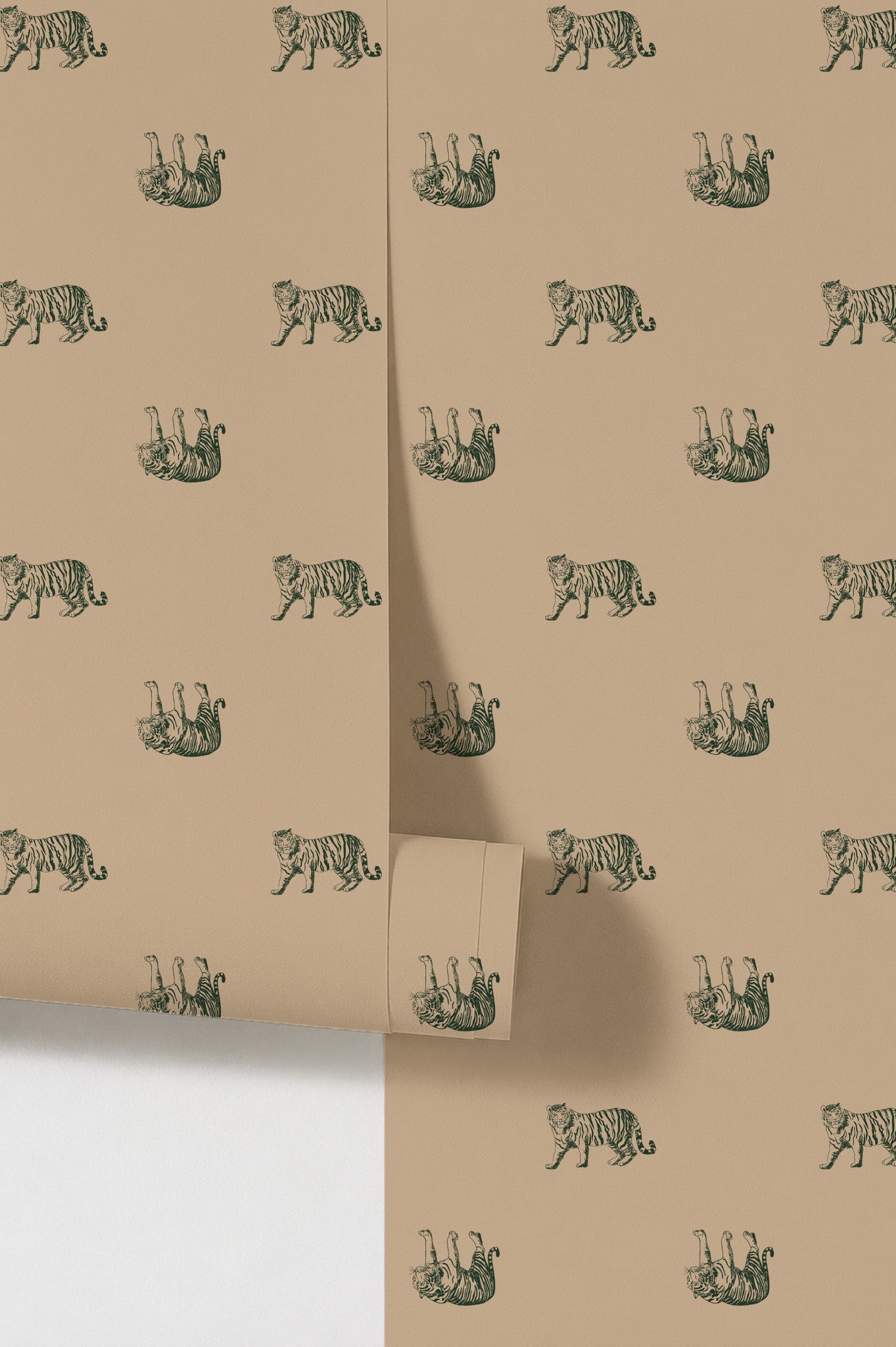Green tigers on muted gold wallpaper with whimsical animal print.