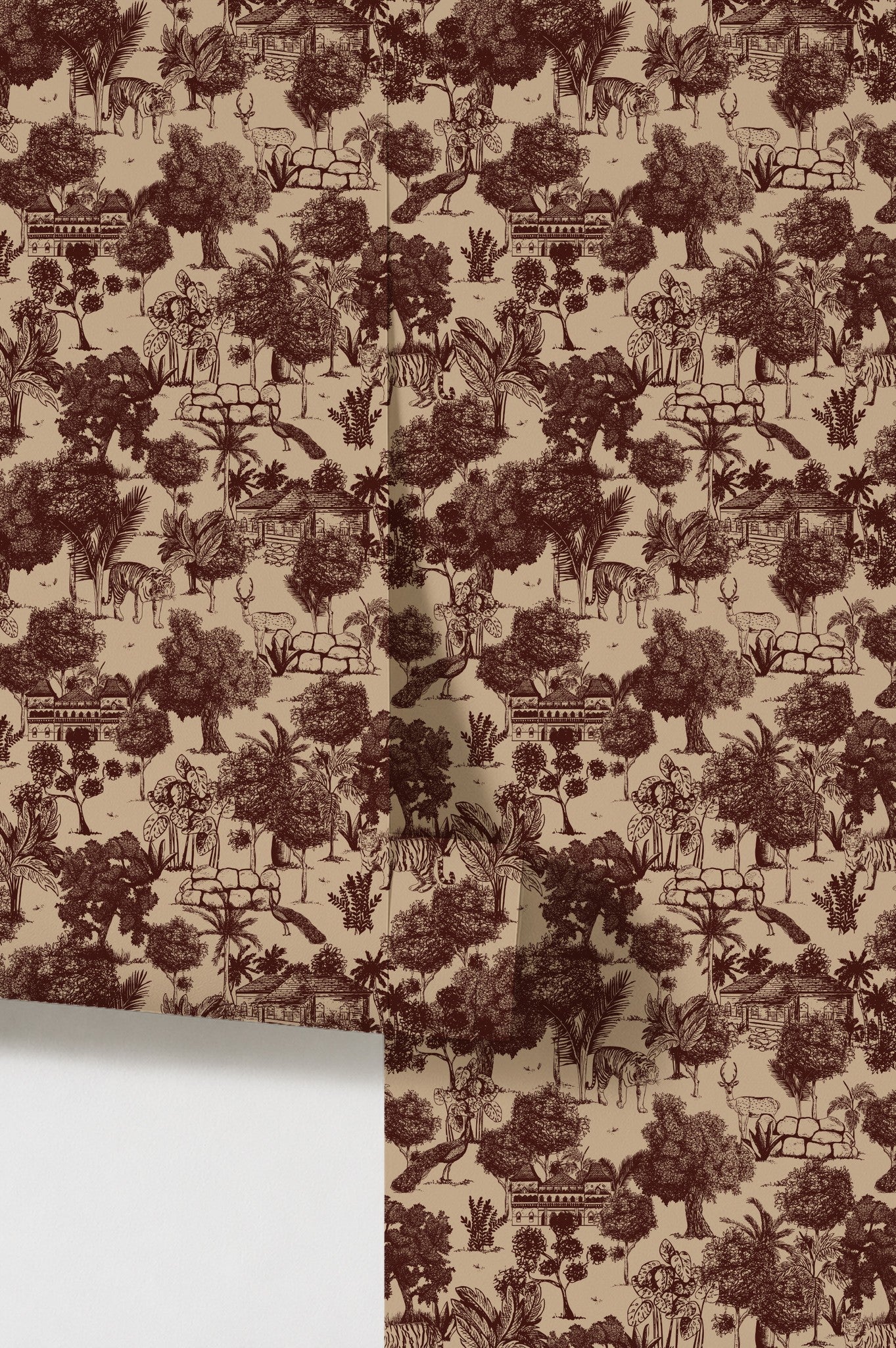 Jungle Toile Red wallpaper with detailed flora and fauna illustrations on an earth-toned background.