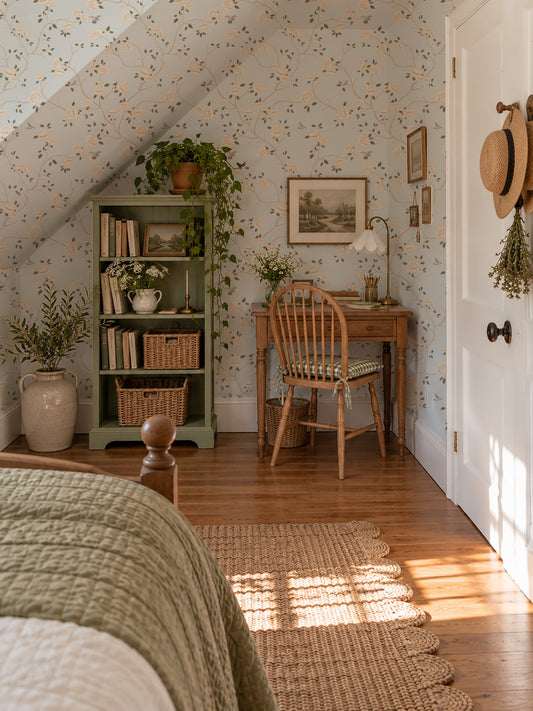 Light blue rose chinoiserie wallpaper with hummingbirds in cozy vintage bedroom setting.