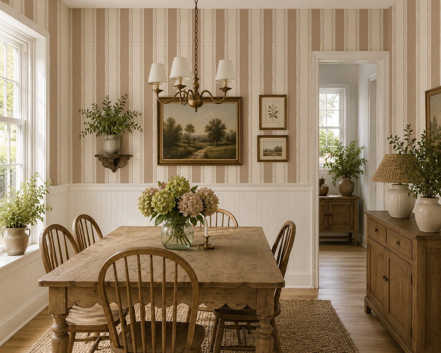 Dining room with Lacey Stripes Taupe wallpaper, featuring taupe and cream stripes with lace detailing, wooden furniture, and floral decor.