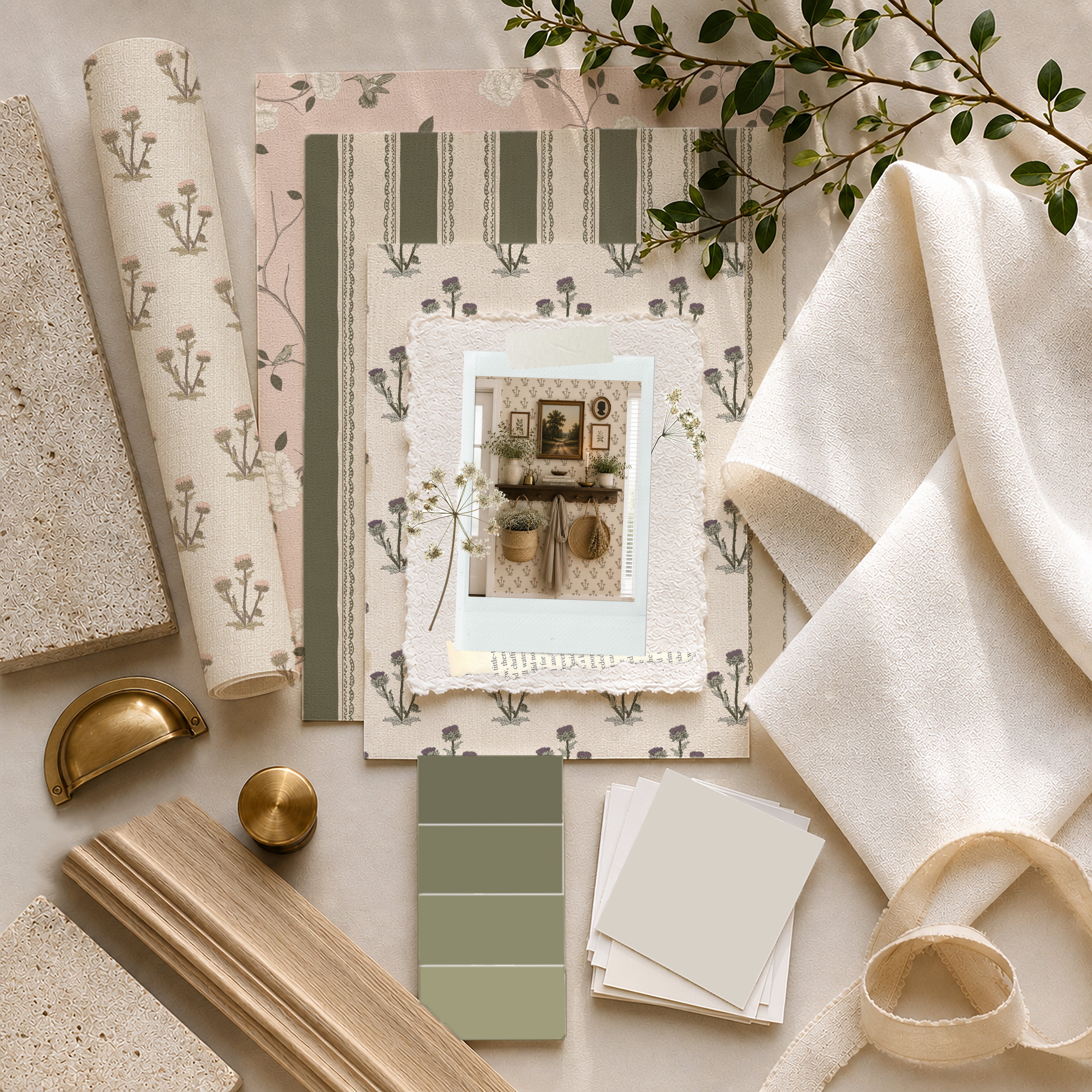 A styled flat-lay of neutral-toned home decor materials and swatches, including patterned paper rolls, cream fabric, wood-look trim, brass hardware, and color swatches in soft sage green and cream.