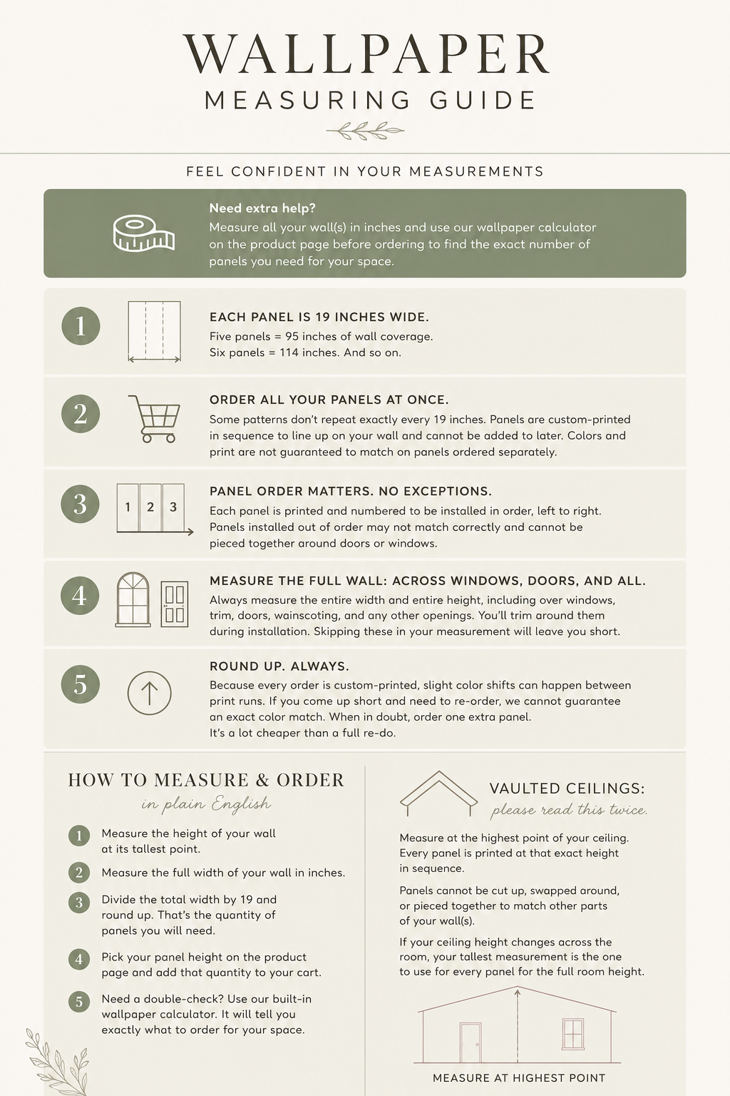 A digital infographic poster titled 'WALLPAPER MEASURING GUIDE' with instructions, icons, and tips for measuring wallpaper panels in a home setting.