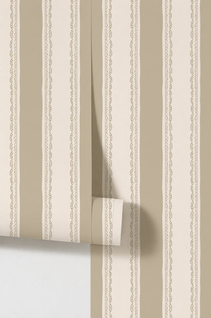 Beige and cream striped wallpaper with lace detailing in a classic style.