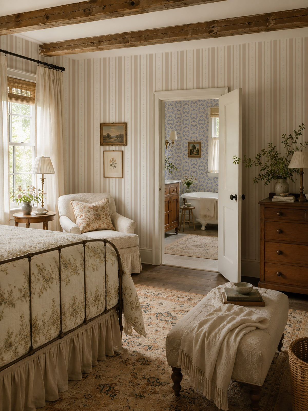 Beige and white floral stripe wallpaper in cozy bedroom with rustic decor.
