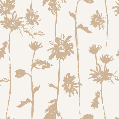 Beige floral wallpaper with cream background, featuring sketched wildflowers.