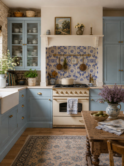 Blue floral Nora Delft wallpaper in a vintage kitchen with rustic decor.