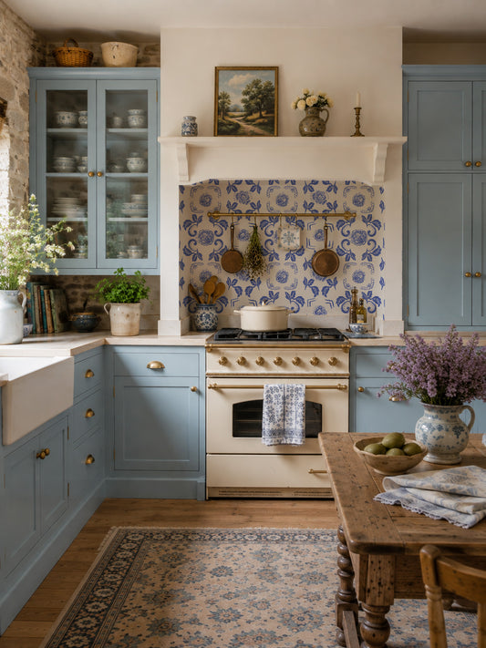 Blue floral Nora Delft wallpaper in a vintage kitchen with rustic decor.