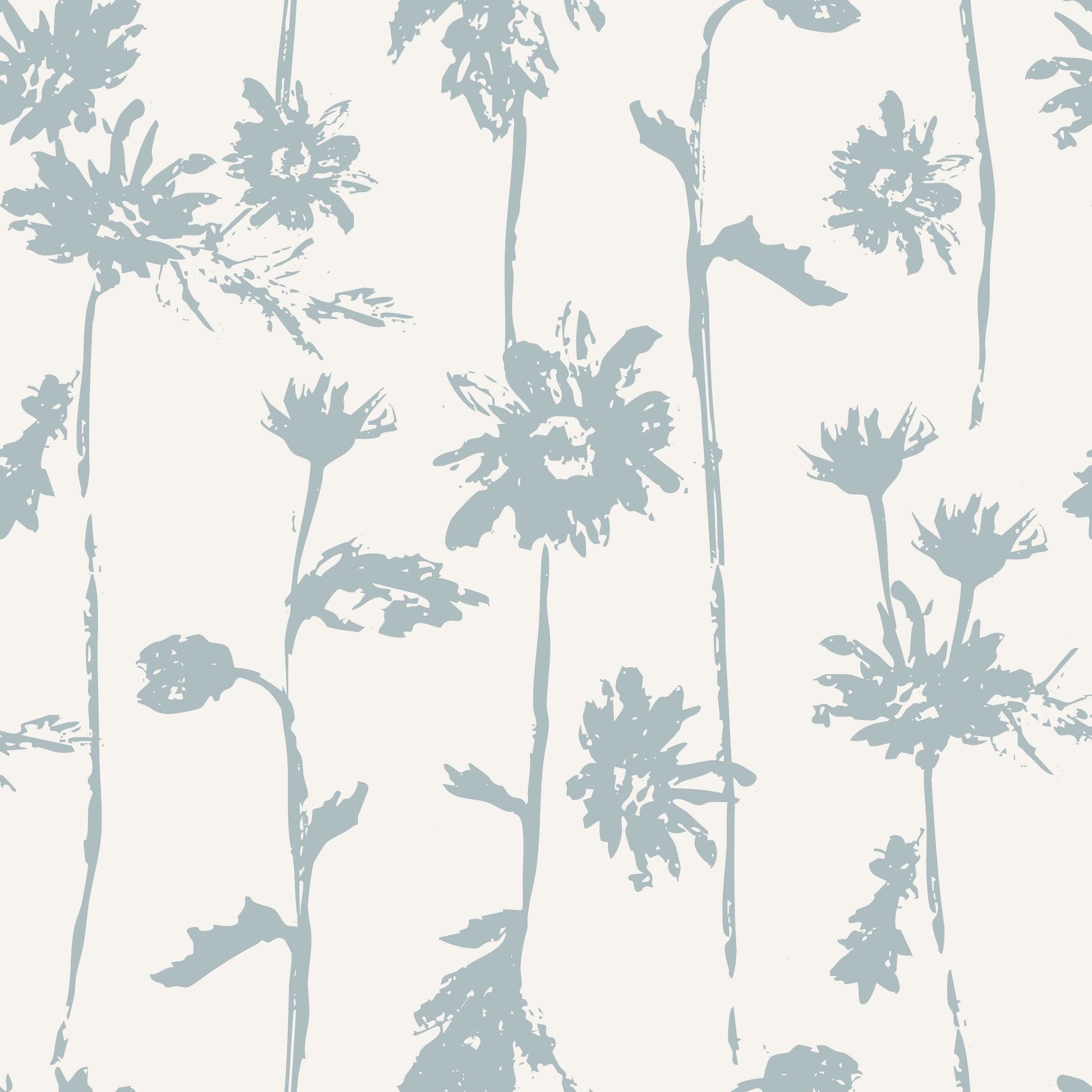 Blue floral silhouettes on cream wallpaper with sweet pea motifs.