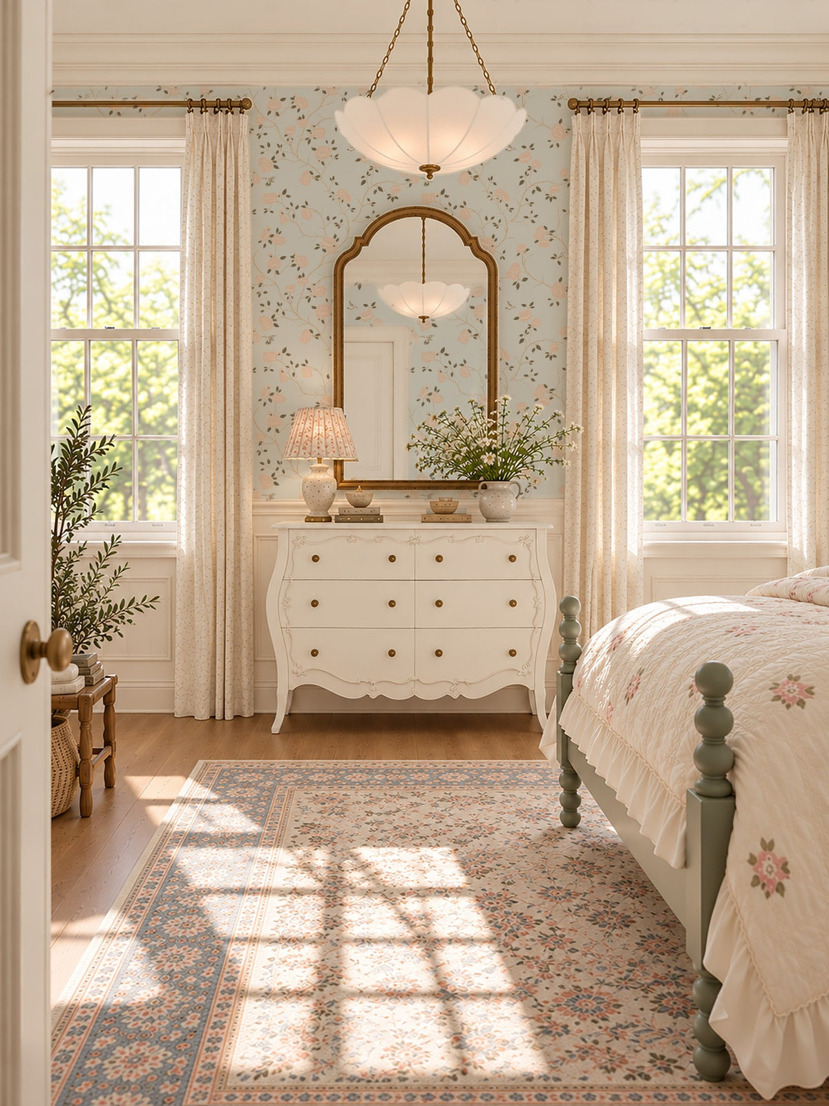 Blue and pink floral chinoiserie wallpaper in elegant bedroom setting with vintage decor.