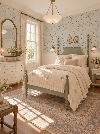 Blue wallpaper with pink floral pattern in vintage bedroom setting.