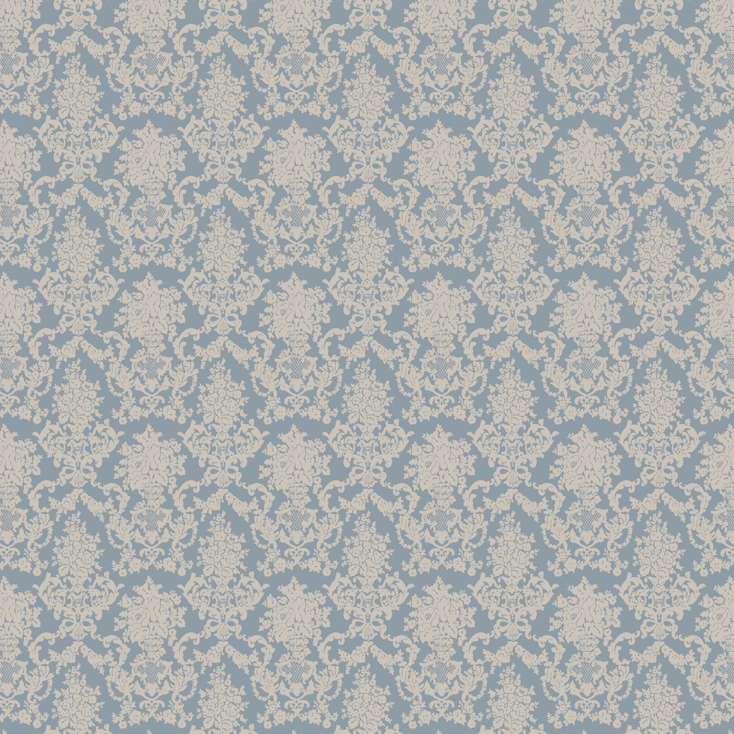 Blue and tan damask wallpaper with intricate floral pattern.