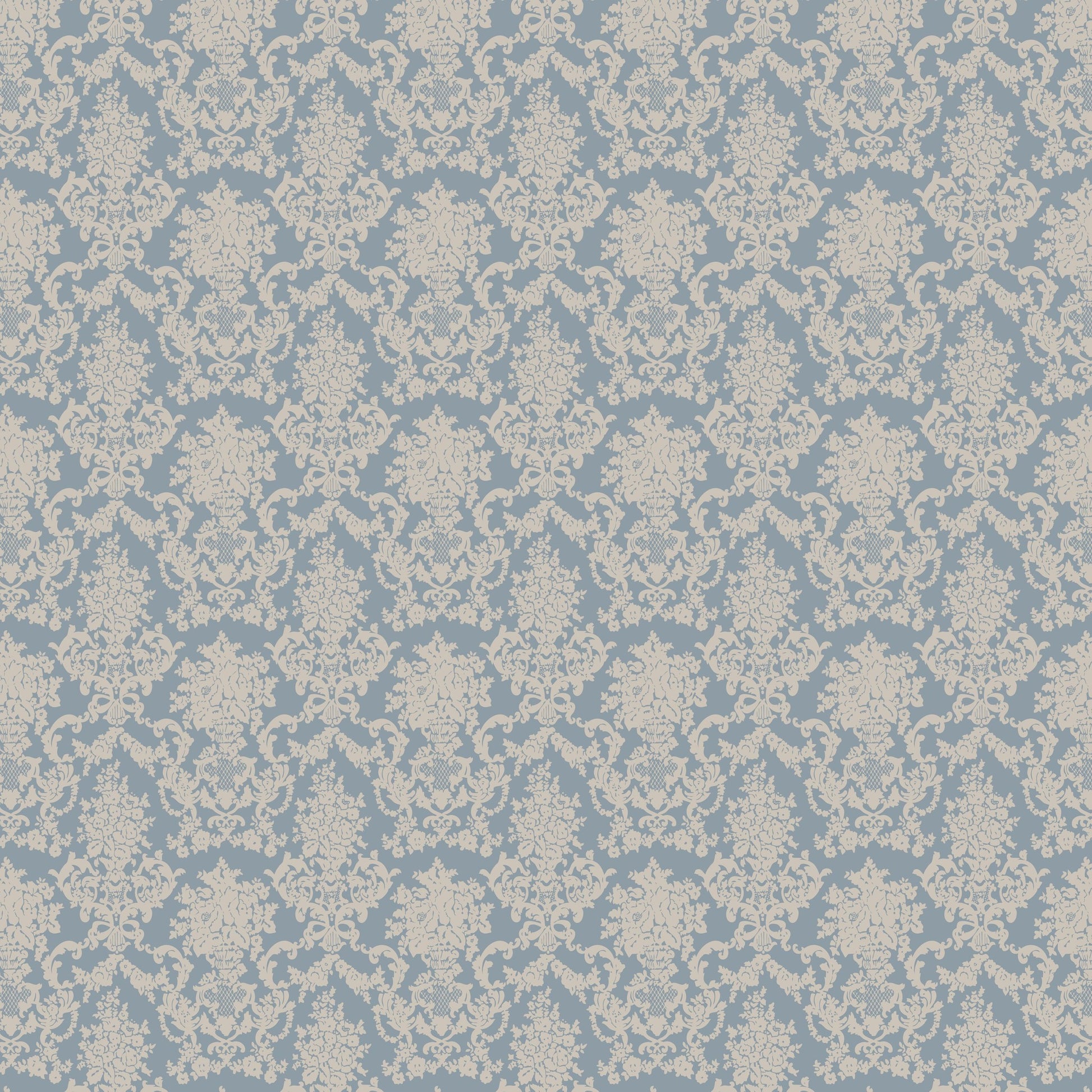 Blue and tan damask wallpaper with intricate floral pattern.