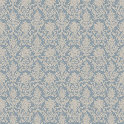 Blue and tan damask wallpaper with intricate floral pattern.