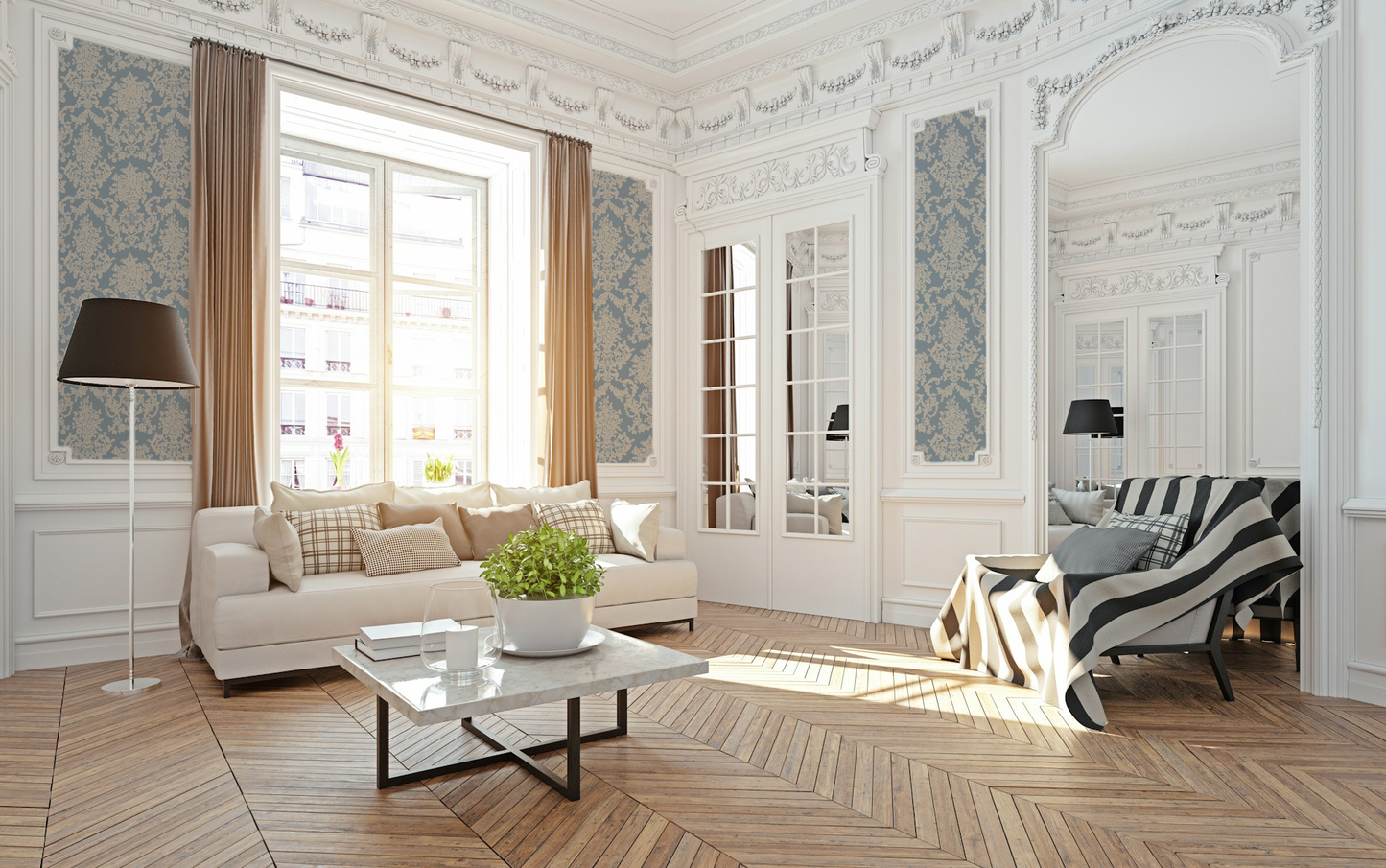 Elegant living room with blue and tan damask wallpaper and classic decor.