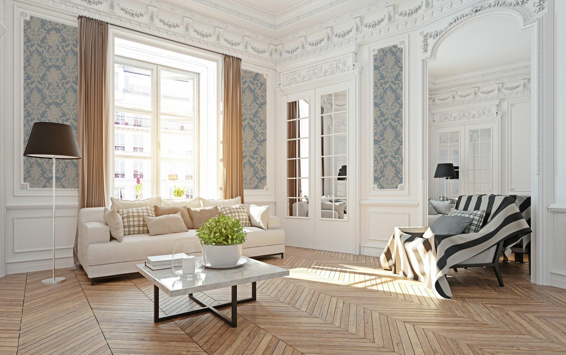 Elegant living room with blue and tan damask wallpaper and classic decor.
