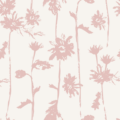 Blush pink floral wallpaper with cream background, vintage botanical style.