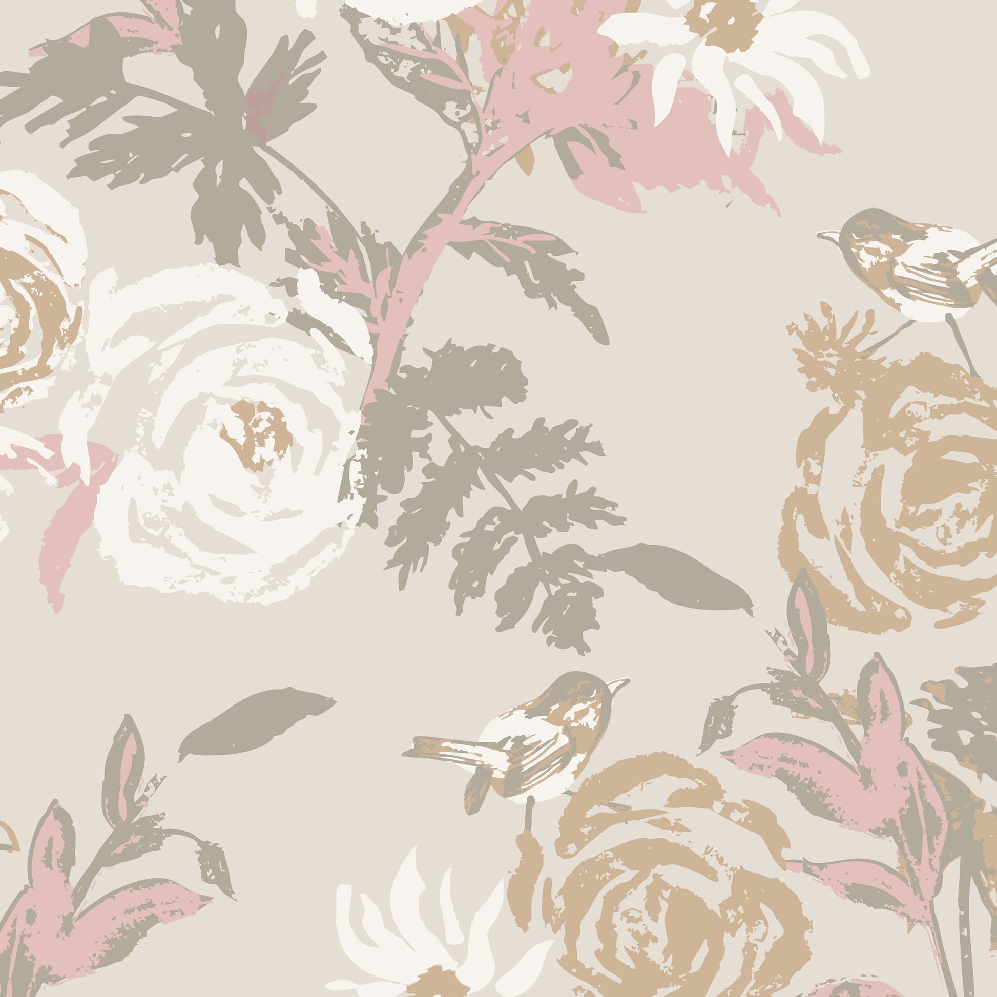 Blush pink and taupe floral wallpaper with birds and leaves in a vintage style.