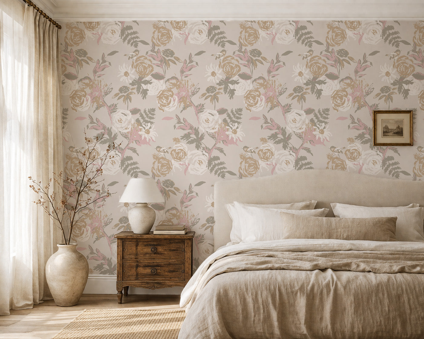 Blush pink and taupe floral bird wallpaper in cozy bedroom with vintage decor.