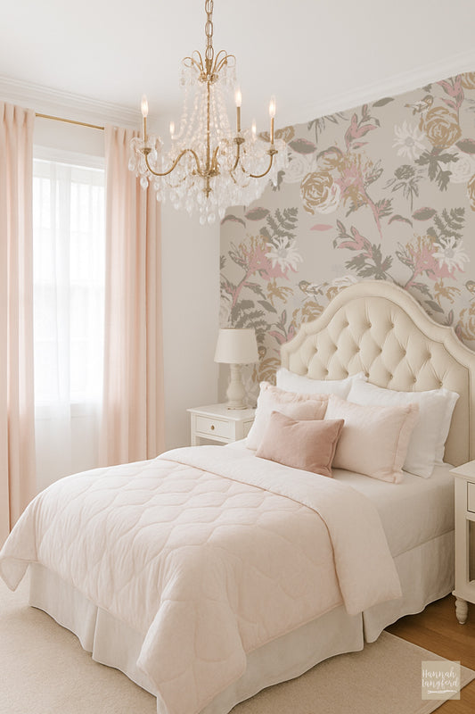 Blush pink and taupe floral bird wallpaper in elegant bedroom with chandelier.