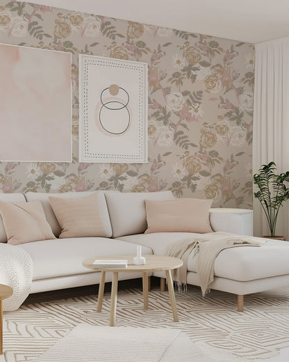 Blush pink and taupe floral bird wallpaper in elegant living room setting.