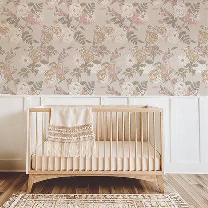 Blush pink and taupe floral bird wallpaper in nursery with wooden crib.