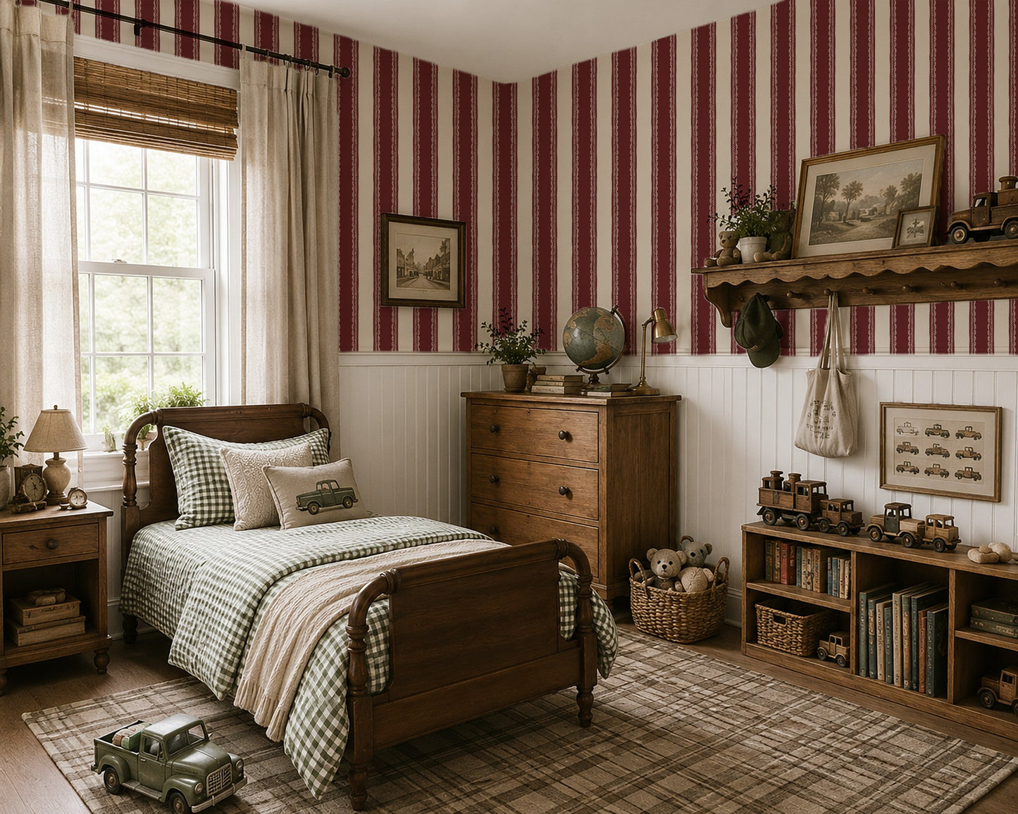 Burgundy lace-striped wallpaper in cozy vintage bedroom with wood furniture.
