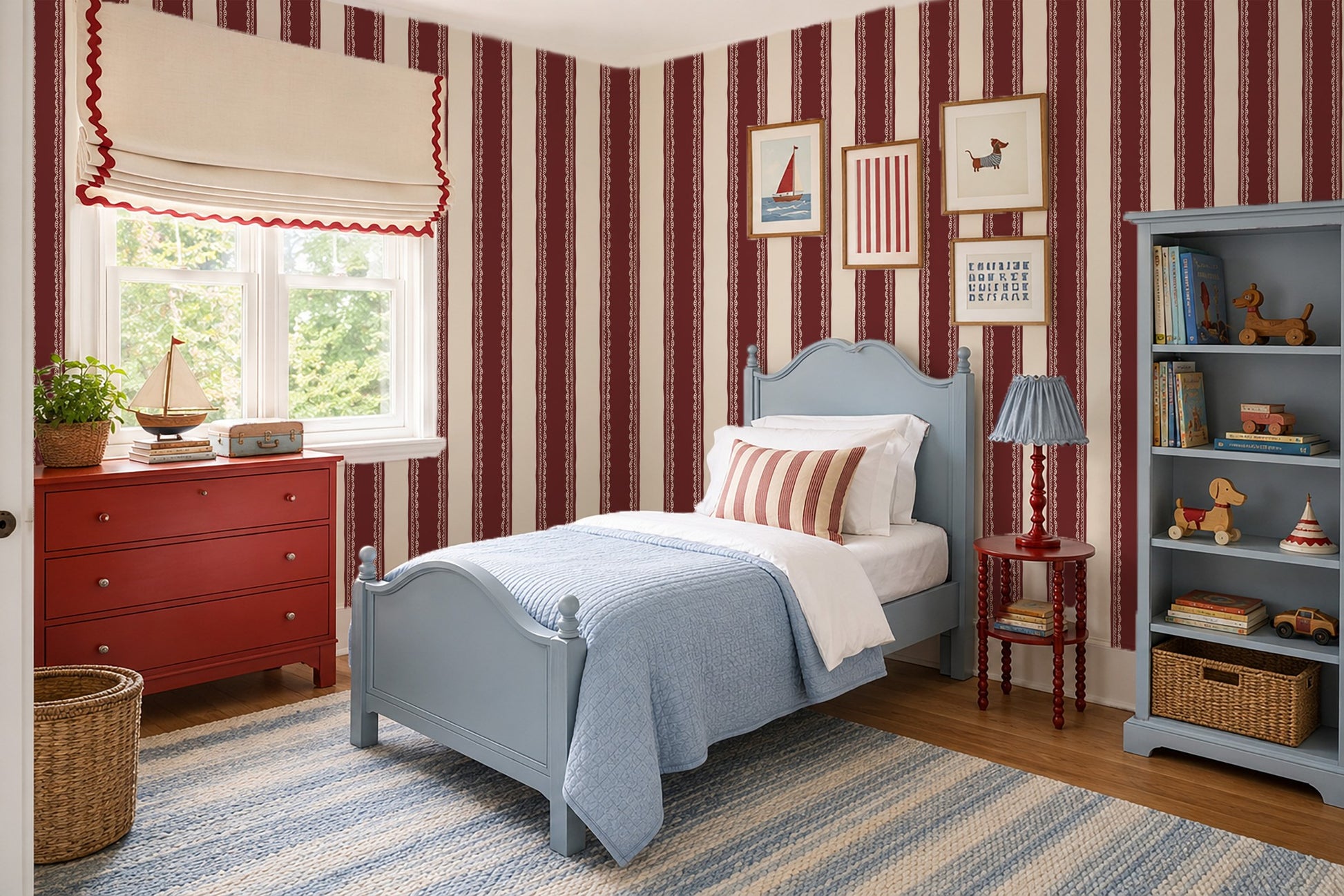 Burgundy striped wallpaper with lace details in a cozy bedroom setting.