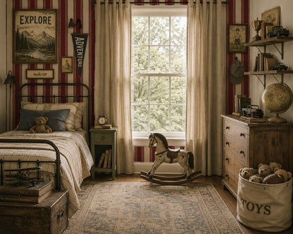 Burgundy striped wallpaper with lace details in vintage styled bedroom with rustic decor.