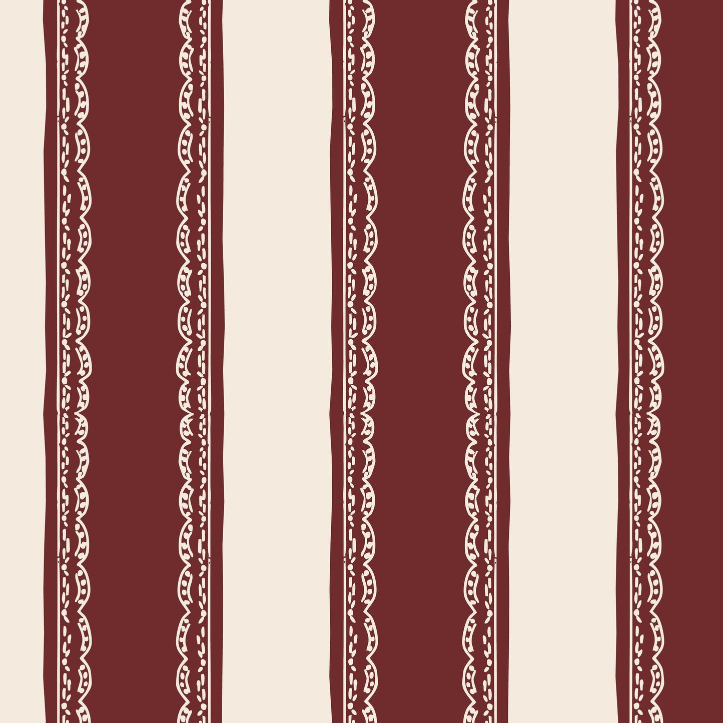 Burgundy striped wallpaper with lace detailing on cream background