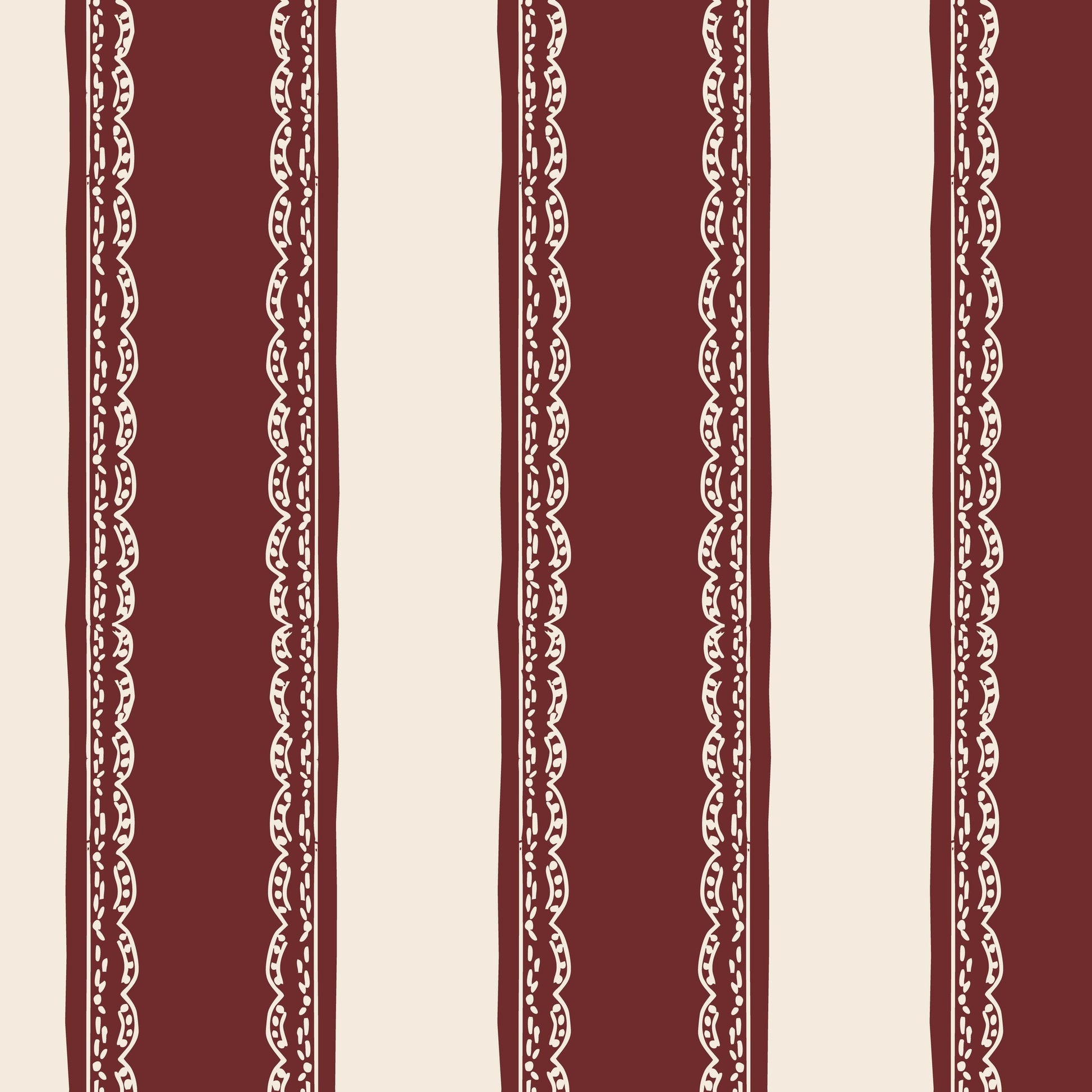 Burgundy striped wallpaper with lace detailing on cream background