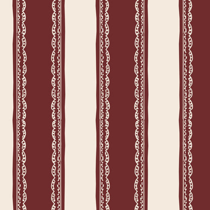 Burgundy striped wallpaper with lace detailing on cream background