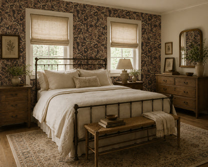 Charcoal cherry blossom wallpaper in cozy vintage bedroom with wooden furniture.