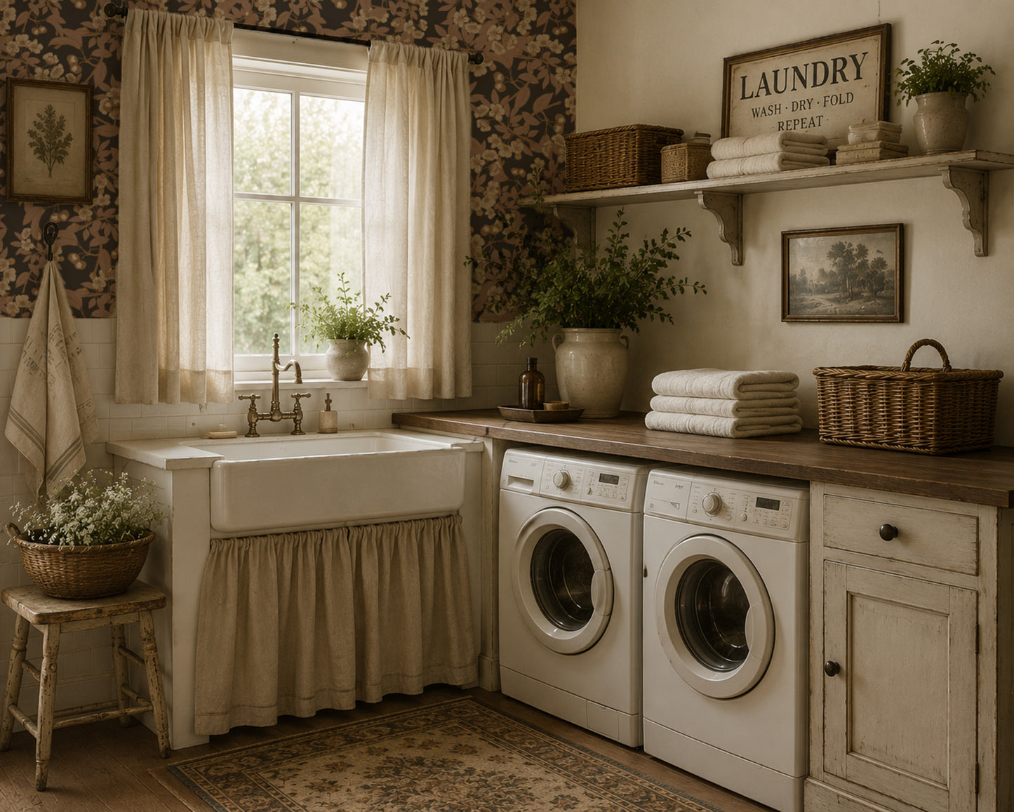 Charcoal cherry blossom wallpaper in vintage laundry room with farmhouse decor.