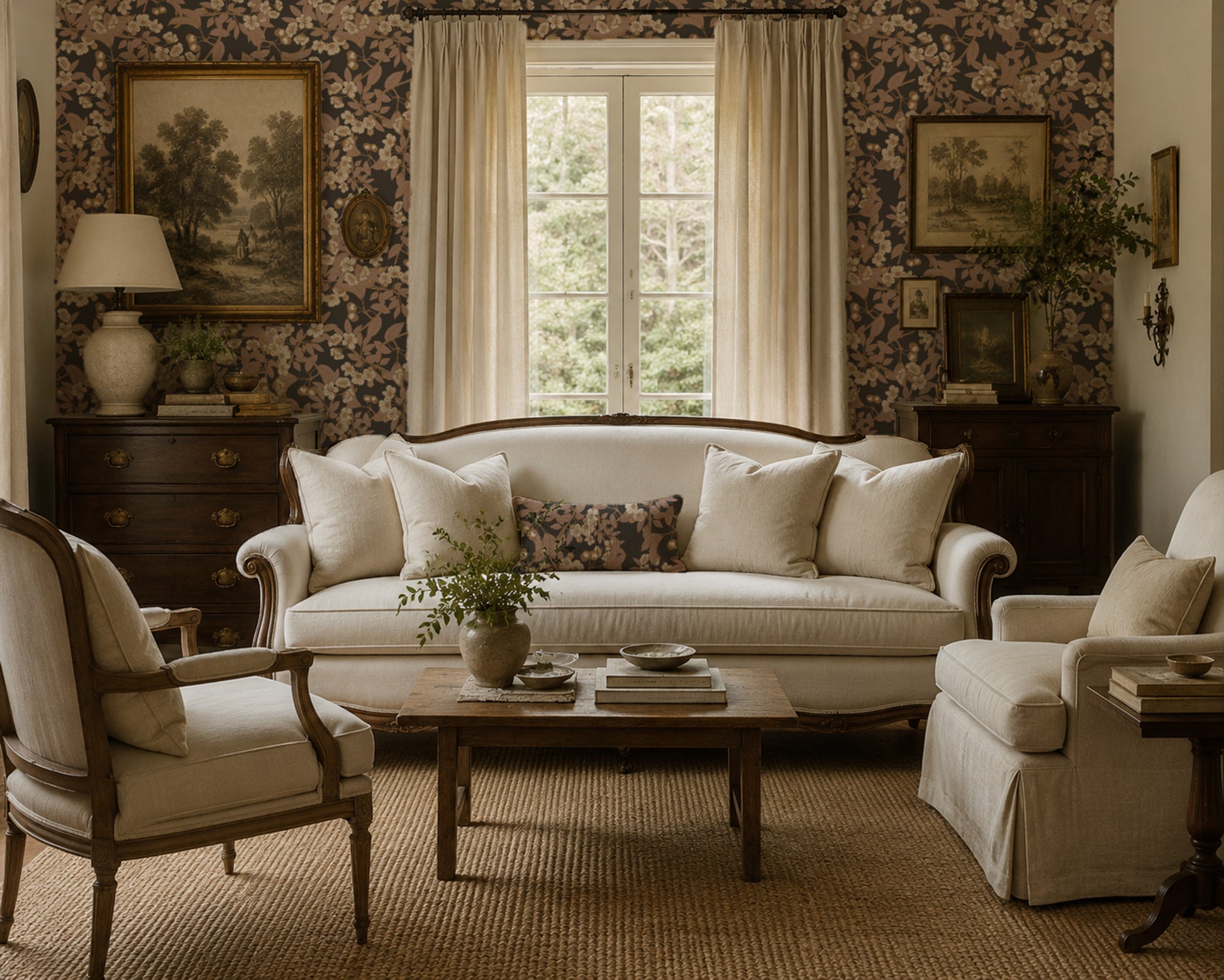 Charcoal cherry blossom wallpaper in elegant living room with vintage decor.