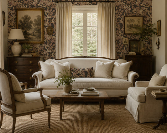 Charcoal cherry blossom wallpaper in elegant living room with vintage decor.