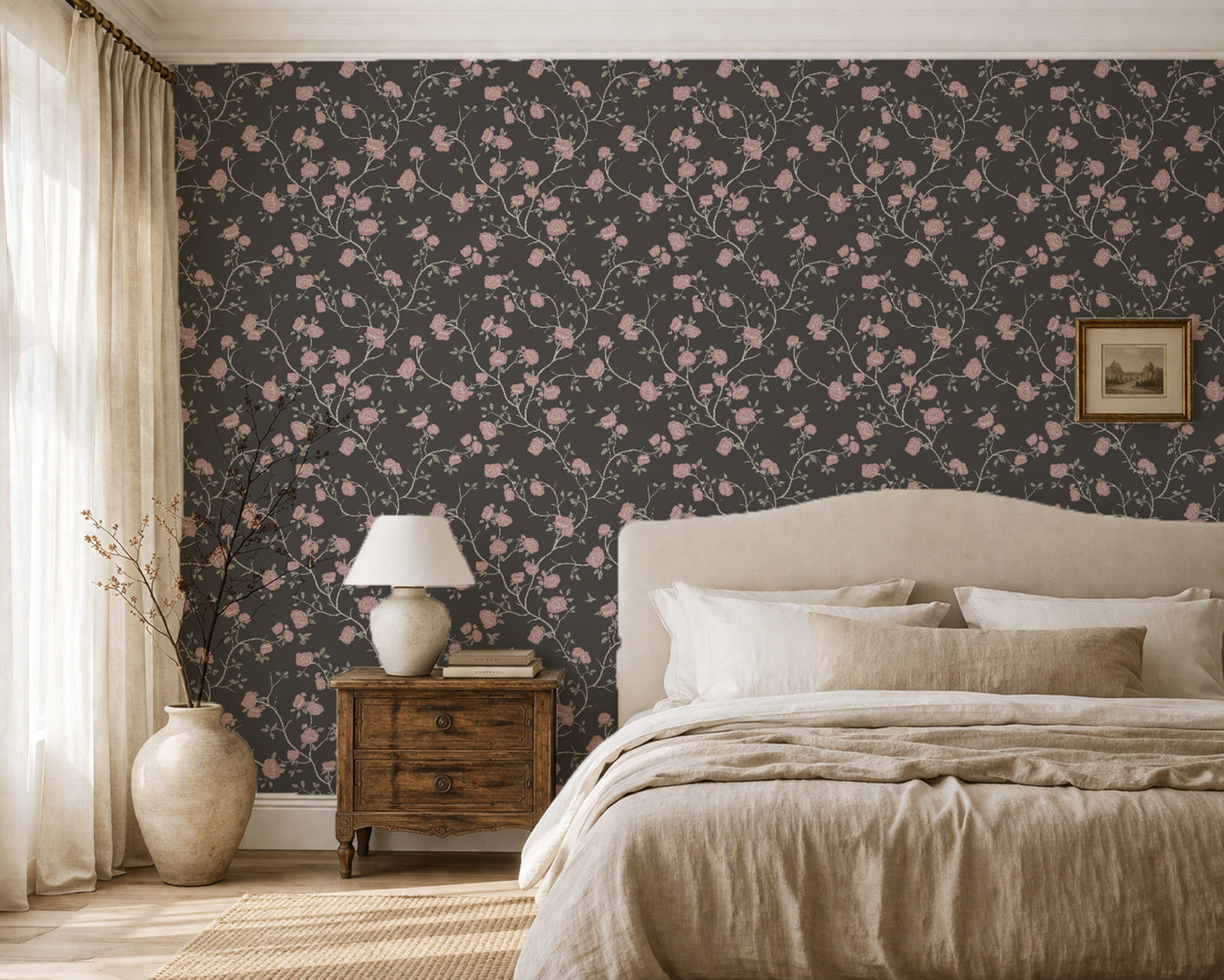 Charcoal wallpaper with pink floral and hummingbird pattern in a cozy bedroom setting.