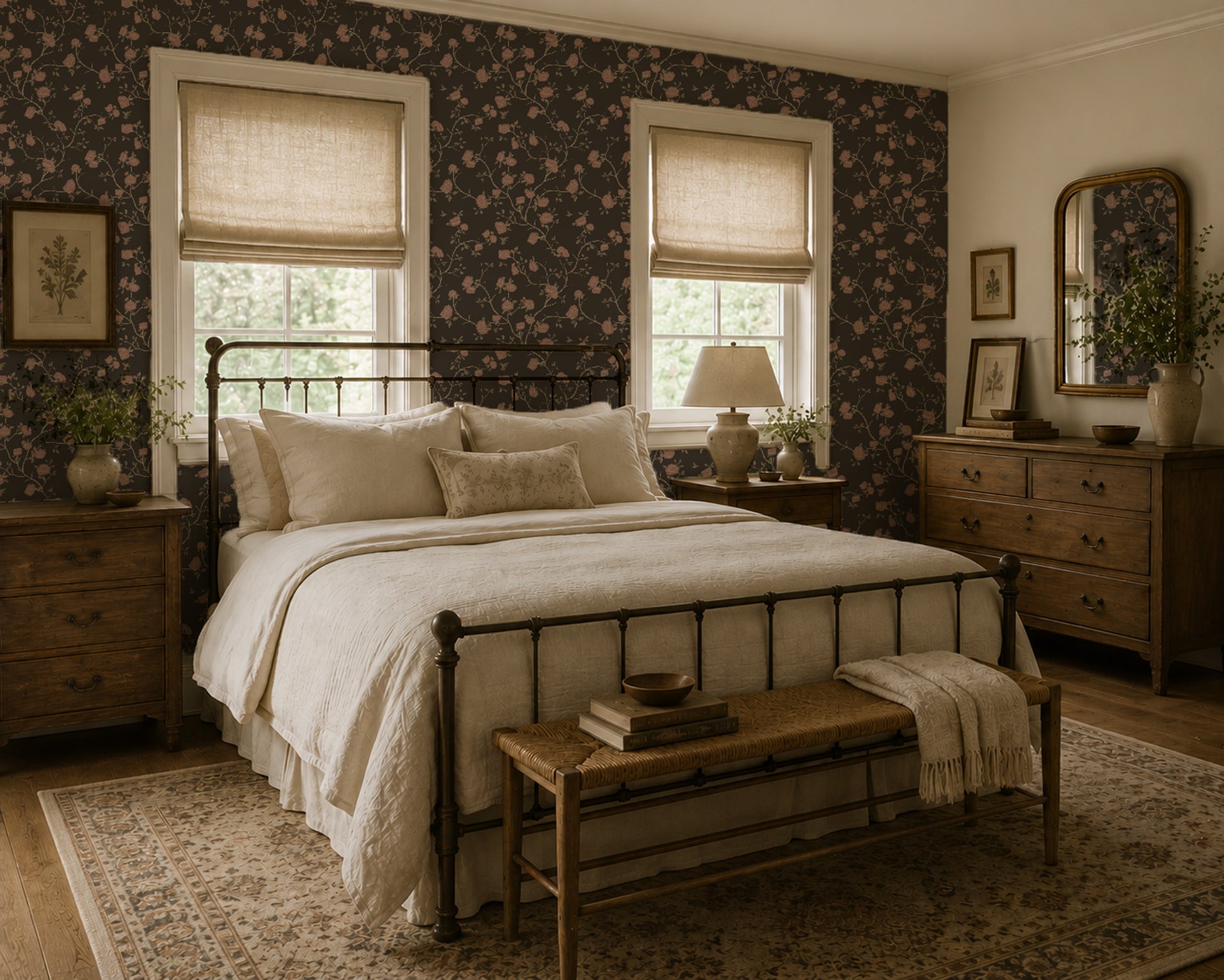 Charcoal floral wallpaper with pink roses and hummingbirds in vintage bedroom decor.