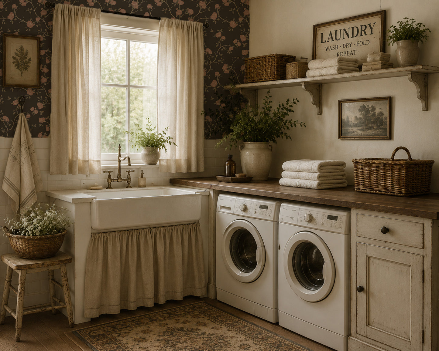Vintage floral charcoal wallpaper in rustic laundry room with farmhouse sink.