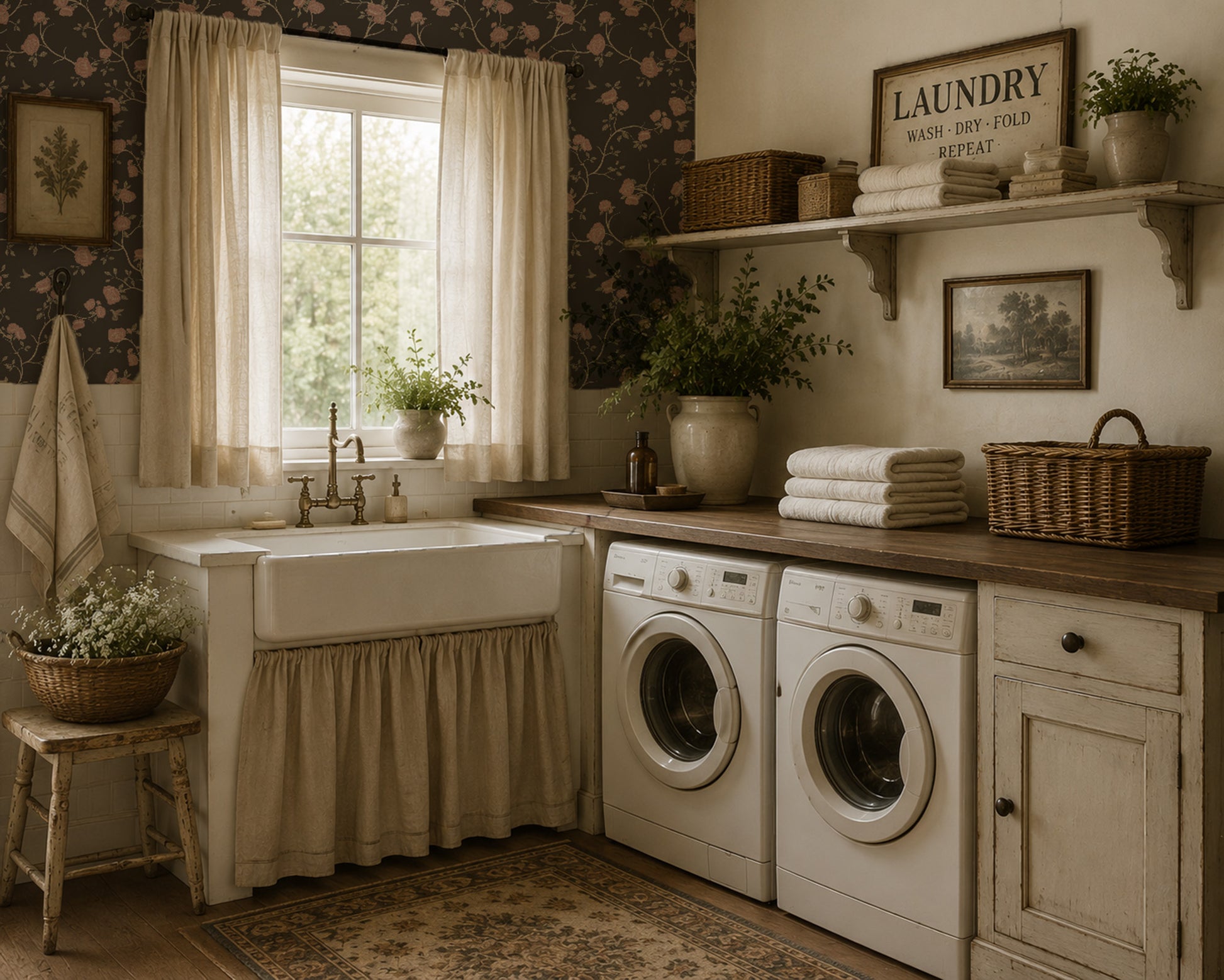 Vintage floral charcoal wallpaper in rustic laundry room with farmhouse sink.