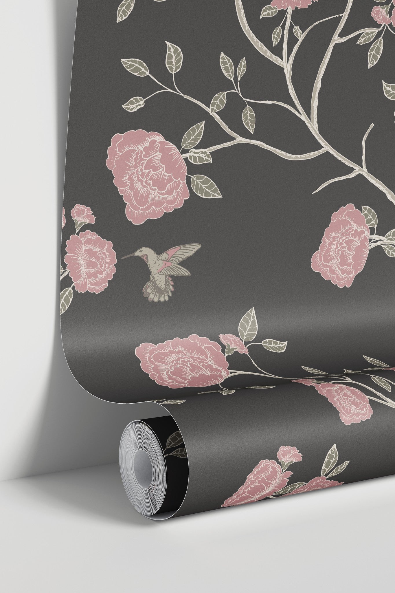 Charcoal wallpaper with pink roses and hummingbirds in a floral pattern.
