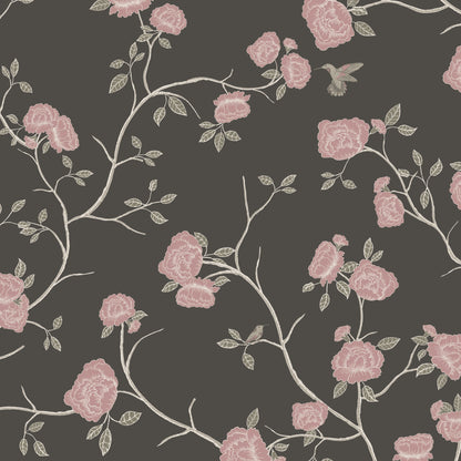 Charcoal wallpaper with pink roses and hummingbirds, vintage floral design.