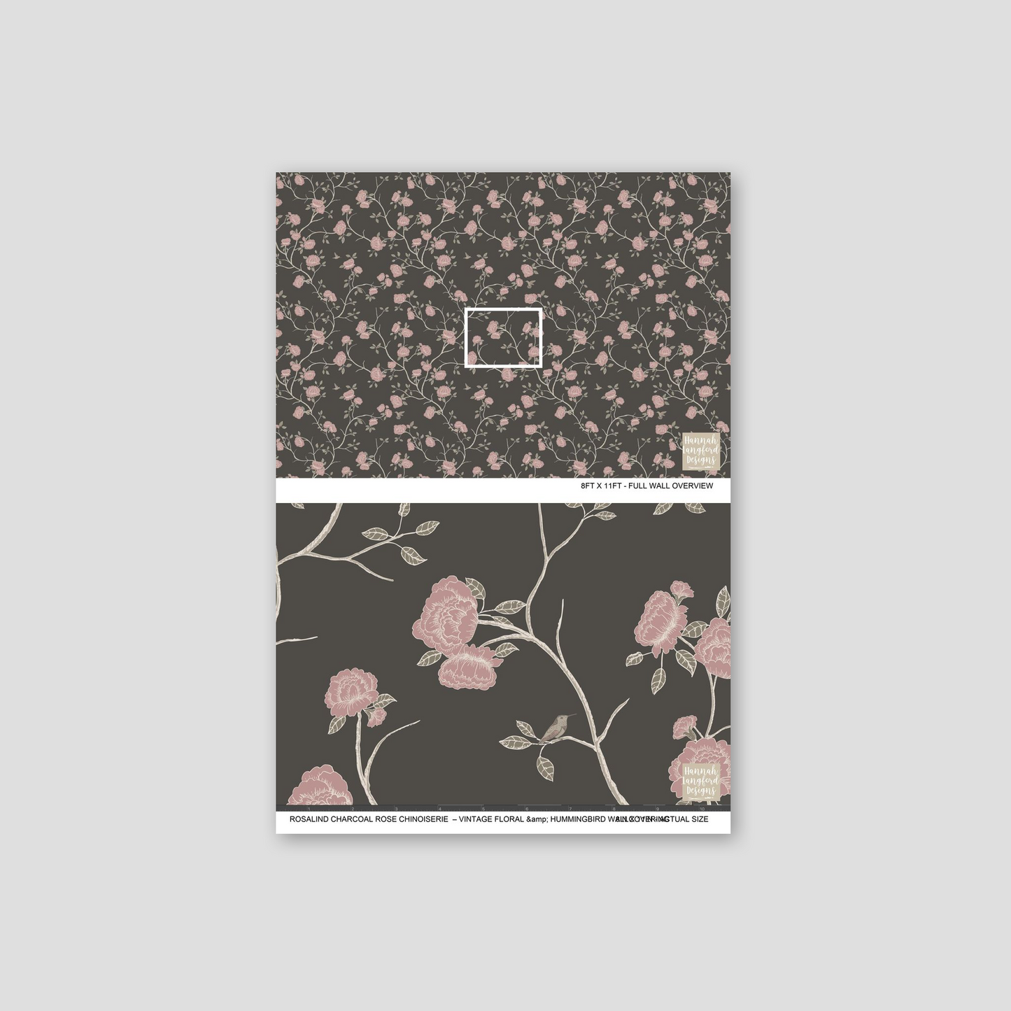 Charcoal wallpaper with pink roses and hummingbirds, vintage floral design.