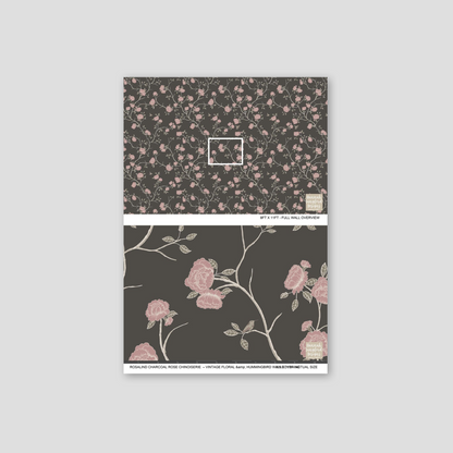 Charcoal wallpaper with pink roses and hummingbirds, vintage floral design.