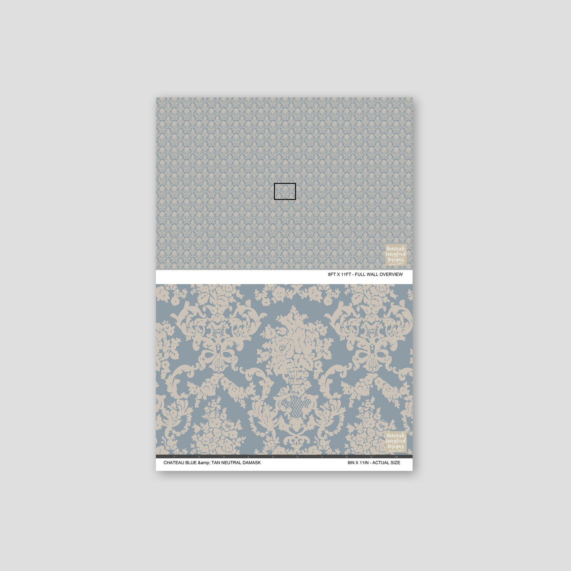 Chateau blue and tan neutral damask wallpaper sample with intricate floral pattern.