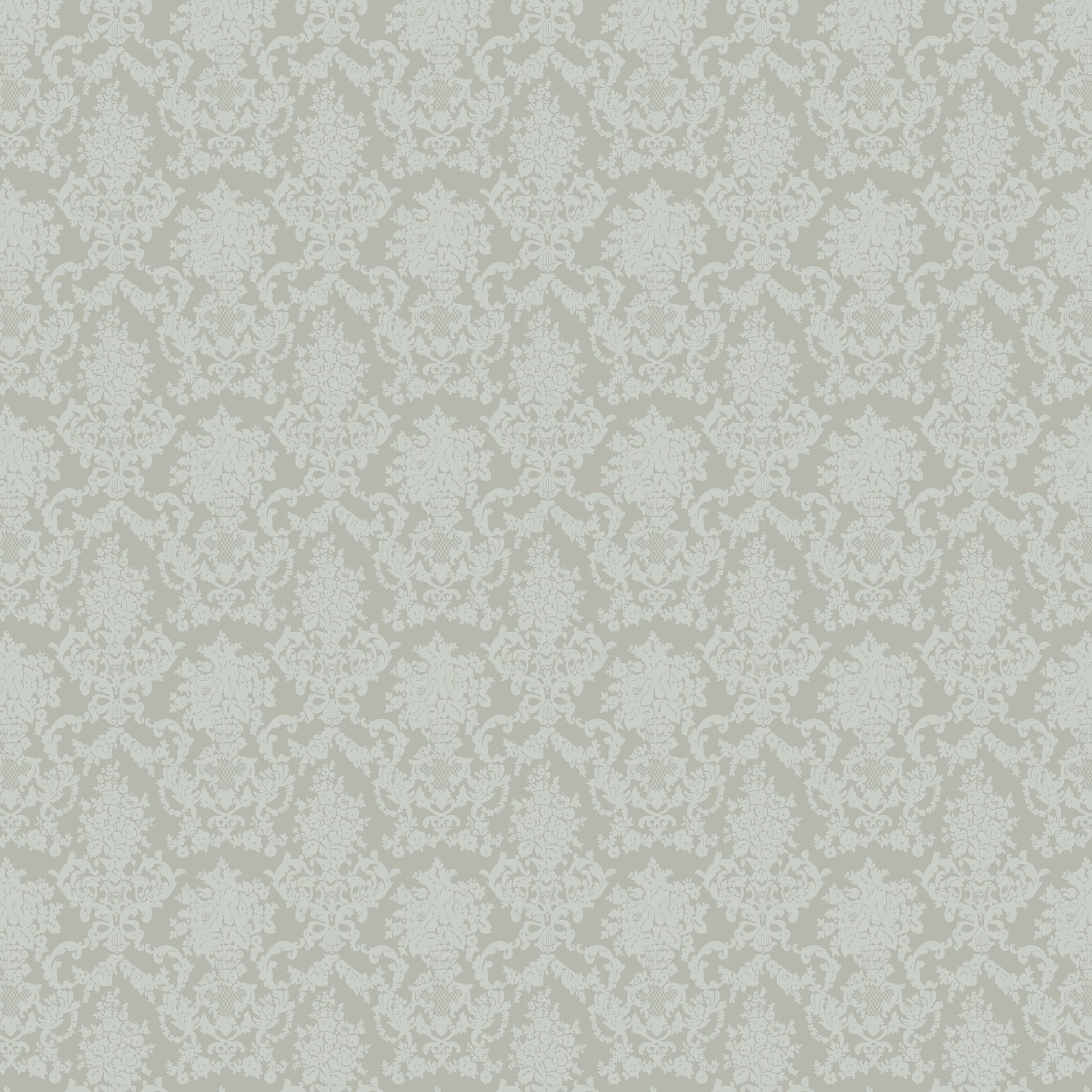 Chateau Sage Neutral Damask wallpaper with intricate floral pattern in soft hues.